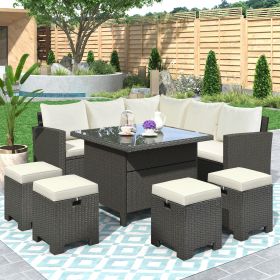 Patio Furniture Set, 8 Piece Outdoor Conversation Set, Dining Table Chair with Ottoman, Cushions