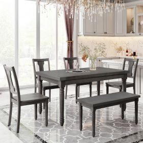 Classic Dining Set Wooden Table and 4 Chairs with Bench for Kitchen Dining Room, Gray (Set of 6)