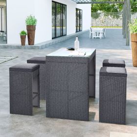 5-piece Rattan Outdoor Patio Furniture Set Bar Dining Table Set with 4 Stools; Gray Cushion+Gray Wicker