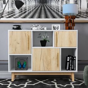 Multi-purpose storage cabinet with display stand and door; entrance channel; modern buffet or kitchen sideboard; TV cabinet; white and oak