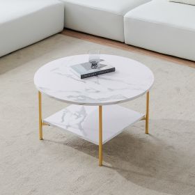 Modern Round coffee table with storage;  Golden metal frame with marble color top-31.5"