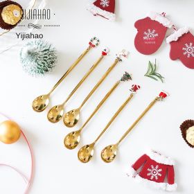 Christmas party tableware dessert fork ice cream coffee stir spoon holiday stainless steel tableware set (Specifications: Golden spoon)