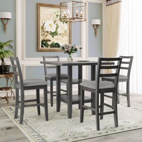 5-Piece Wooden Counter Height Dining Set with Padded Chairs and Storage Shelving (Color: Gray)