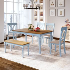 6 Piece Dining Table set with Bench; Wooden Kitchen Table Set w/ 4 Padded Dining Chairs (Color: Blue)
